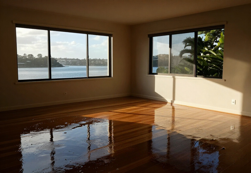 Flood-damaged living room in Kareela before restoration